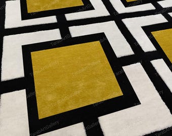 Hand-Tufted Geometric Wool Rug: Gold, White & Black Area Carpet, Handmade Modern Living Dining Bedroom