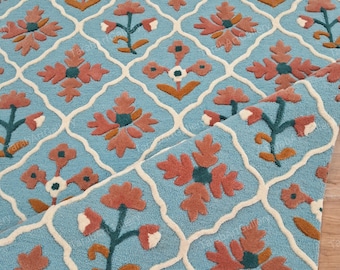 Hand-Tufted Floral Wool Rug: Blue Area Carpet, High-Low Flower Handmade Rugs
