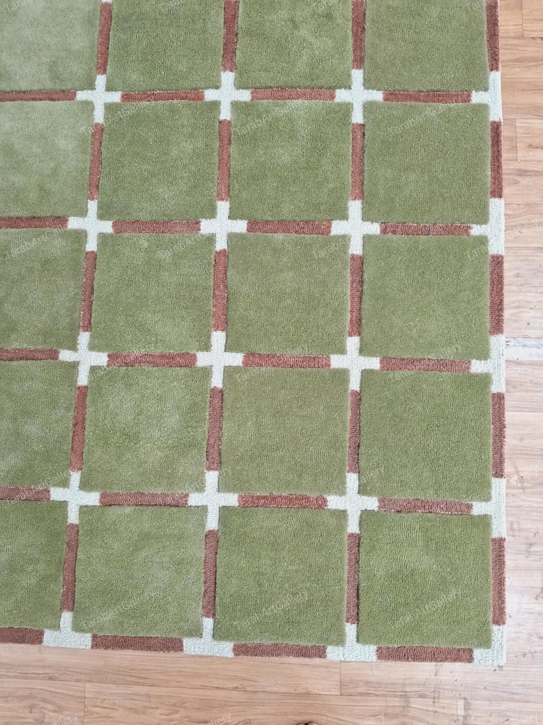 May include: A green and brown area rug with a grid pattern. The rug has a soft, plush texture.