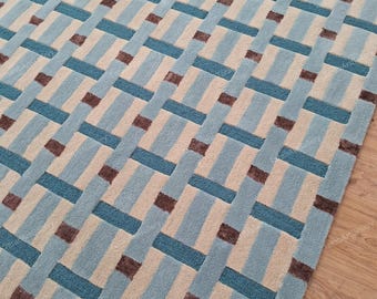 Hand-Tufted Wool Area Rug: Modern Blue, Beige & Brown Geometric Carpet for Home Decor