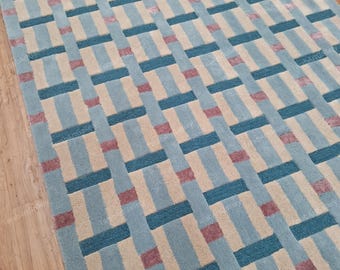 Hand-Tufted Wool Area Rug: Modern Blue Beige & Pink, High-Low Geometric Carpets for Any Room