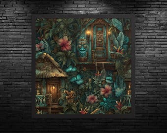 Impresión enmarcada de Tiki Jungle Hut: Escena nocturna en una isla tropical