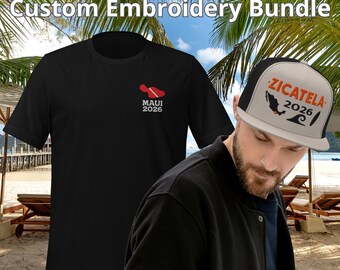 Camisa y gorra de vacaciones bordadas personalizadas: recuerdo de un viaje de surf familiar