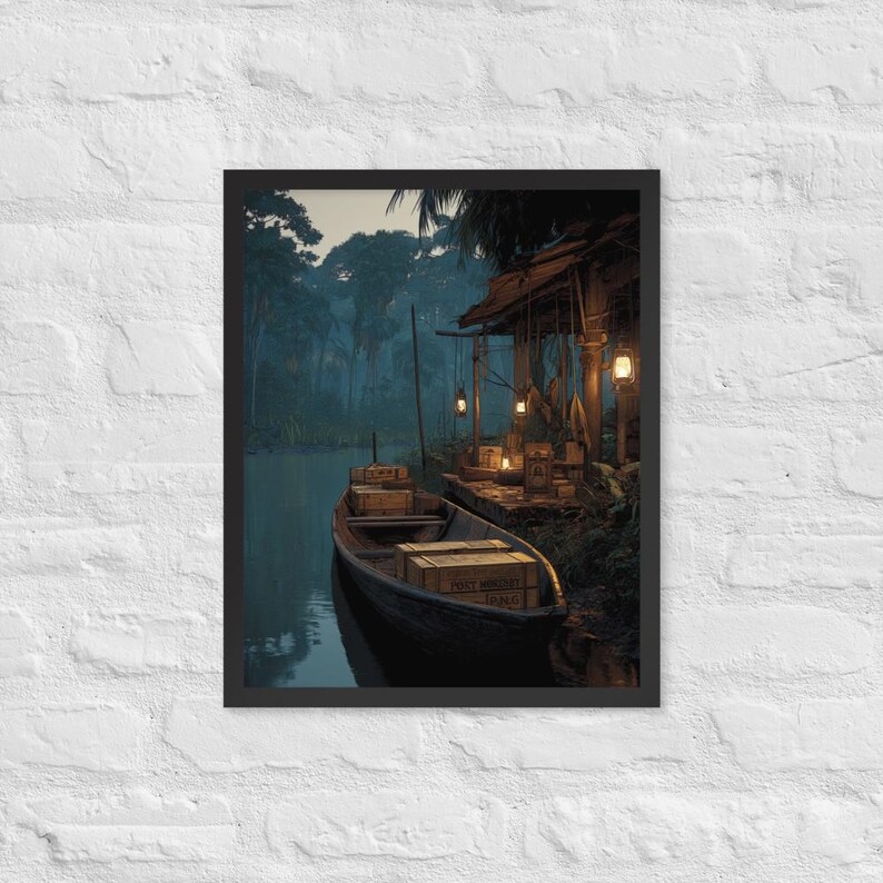 May include: A framed print depicts a tranquil river scene with a wooden boat laden with crates. A rustic wooden structure with hanging lanterns sits on the riverbank, surrounded by lush greenery. The artwork evokes a sense of adventure and exploration.
