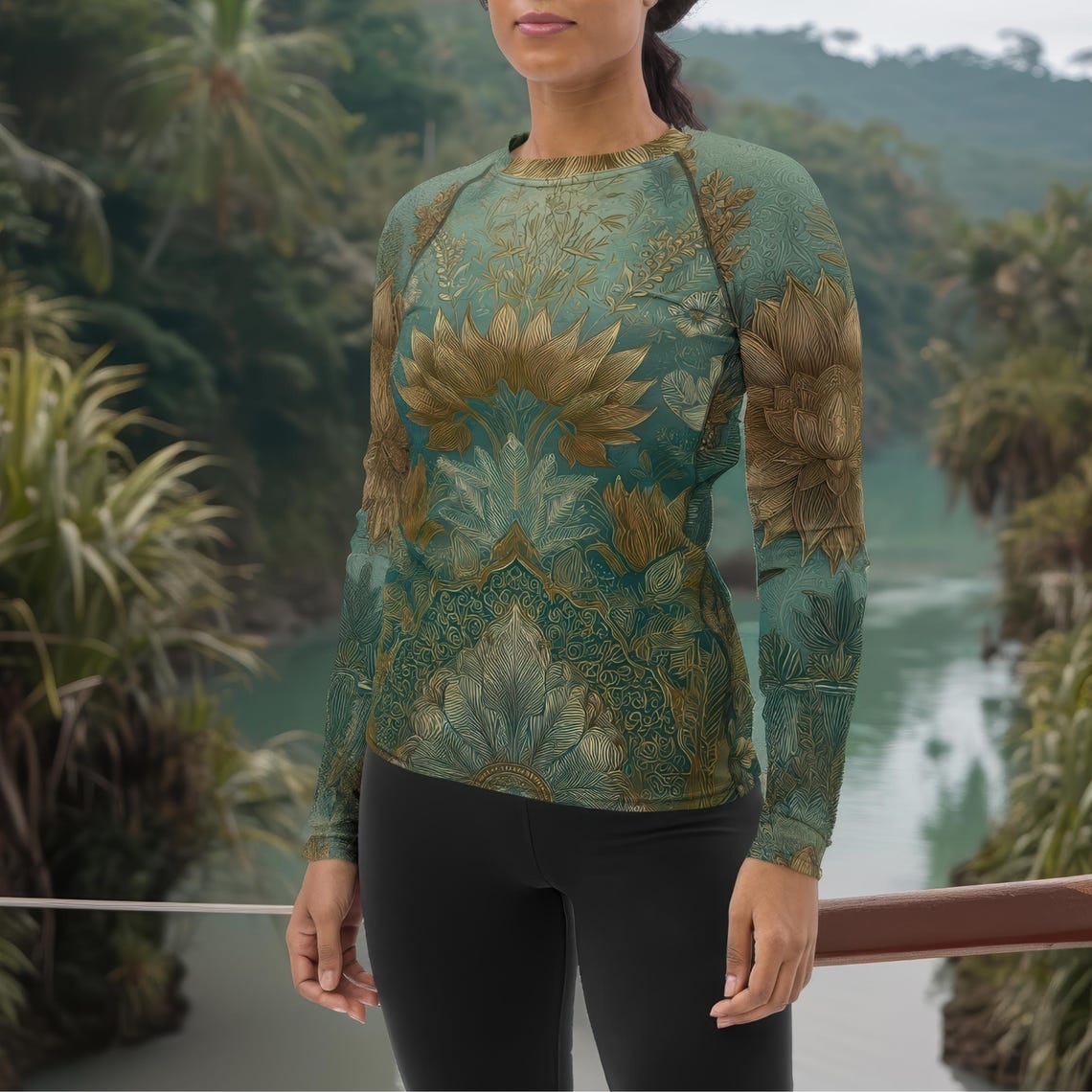 Art Nouveau Lotus Flower Rash Guard: Teal & Gold UPF 50 Surf Shirt - Etsy