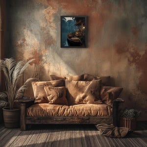 May include: A framed artwork depicting a boat scene hangs above a brown sofa with multiple pillows. The room features a rustic aesthetic with a wooden floor, a potted plant, and a textured wall in shades of brown and orange.