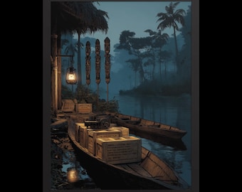 Impresión nostálgica de la jungla / Decoración de bar tiki / Póster de expedición fluvial / Arte mural de cueva de hombre