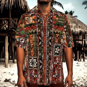 May include: Short-sleeved button-down shirt with a vibrant, patterned design in shades of orange, green, brown, and white. The shirt features a variety of geometric and floral motifs, creating a patchwork effect. The shirt is a tropical style.