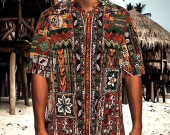 Camisa hawaiana de patchwork tribal: Camisa aloha de tencel de algodón orgánico o cáñamo
