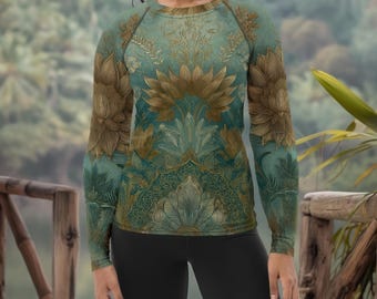 Camiseta de surf Art Nouveau con protección solar UPF 50 en color verde azulado y dorado