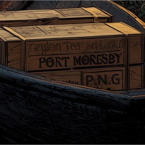 May include: Wooden crates of Ceylon Tea from Sri Lanka, labeled "PORT MORESBY" and "P.N.G." The crates are stacked, with visible wood grain and dark lettering. The image has a vintage, rustic aesthetic.