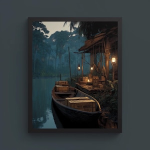 May include: A framed print of a tranquil jungle scene. A wooden boat with crates floats on a dark river, near a rustic wooden structure lit by hanging lanterns. Lush green trees and foliage create a moody, atmospheric backdrop.