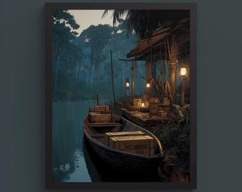 Impresión de explorador de Papúa Nueva Guinea: Arte de viaje vintage de un puesto de avanzada en la jungla