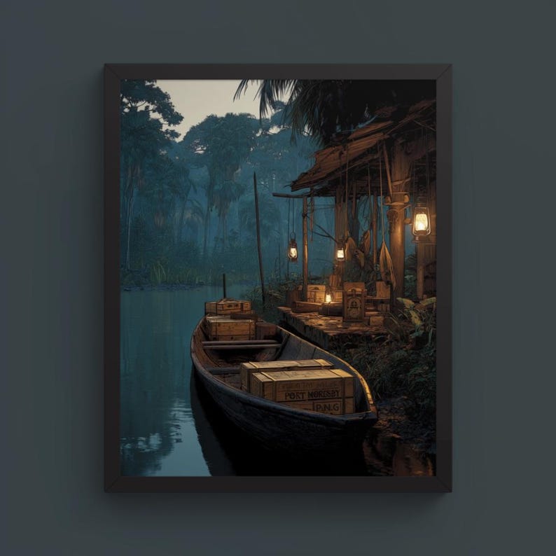 May include: A framed print of a tranquil jungle scene. A wooden boat with crates floats on a dark river, near a rustic wooden structure lit by hanging lanterns. Lush green trees and foliage create a moody, atmospheric backdrop.