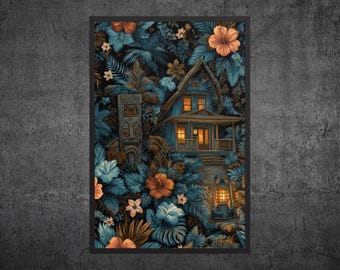 Arte mural de jungla Tiki / Impresión de bungalow tropical / Jardín nocturno melancólico, decoración hawaiana para el hogar