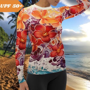 Orchid Wave Rashguard Long Sleeve Surf Shirt for Women – Festival Rave UV Top – Swimsuit Rash Guard for Surfing or Dancewear