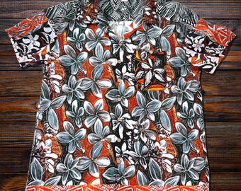 Camisa hawaiana naranja quemado para hombre: Camisa hawaiana de algodón con botones de madera