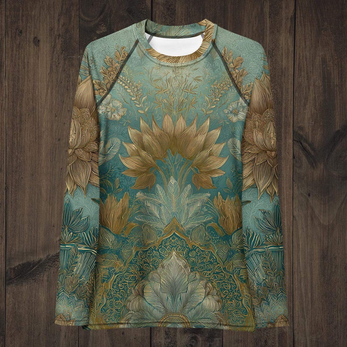 Art Nouveau Lotus Flower Rash Guard: Teal & Gold UPF 50 Surf Shirt - Etsy