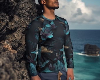 Men’s Oceanic Floral Long-Sleeve Rash Guard | Tropical Surf Shirt | UPF Sun Protection
