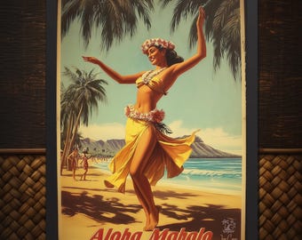 Impresión enmarcada de una chica hula vintage: arte retro de bar tiki hawaiano