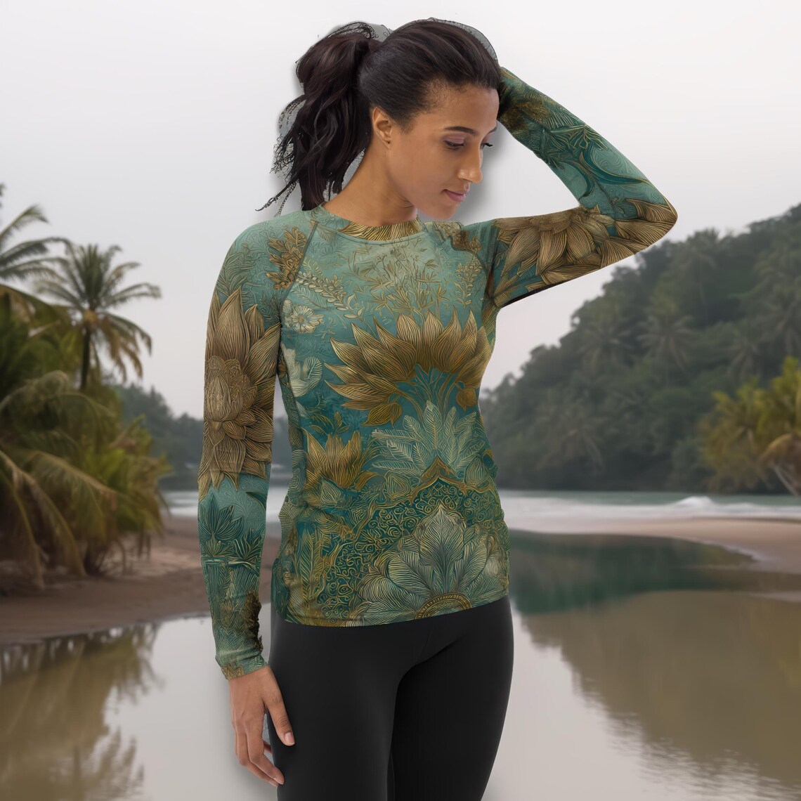 Art Nouveau Lotus Flower Rash Guard: Teal & Gold UPF 50 Surf Shirt - Etsy