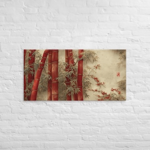 Red Bamboo Wall Art – Asian Inspired Canvas Print – Textured Painting Style – 2:1 Ratio – Zen Home Decor – Available up to 30x60&quot;