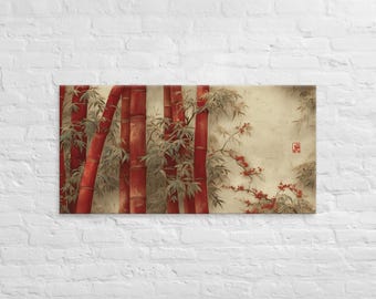 Impresión en lienzo de bambú rojo: arte mural zen asiático con textura