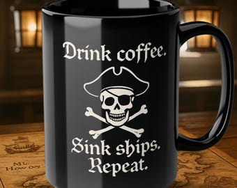 Caneca de café pirata: caneca preta de 15 oz, decoração náutica