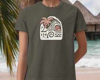Camiseta con gráfico de olas tribales: Camisa de surf vintage negra lavada