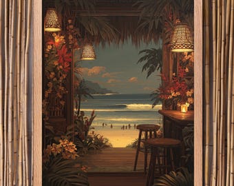 Póster enmarcado de bar tiki vintage: impresión artística costera hawaiana