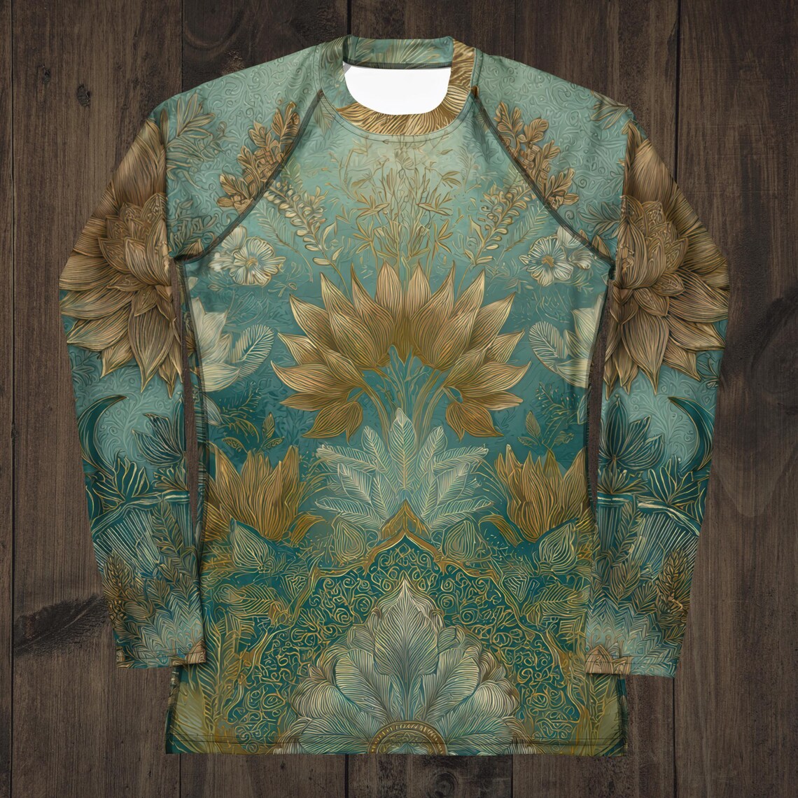 Art Nouveau Lotus Flower Rash Guard: Teal & Gold UPF 50 Surf Shirt - Etsy