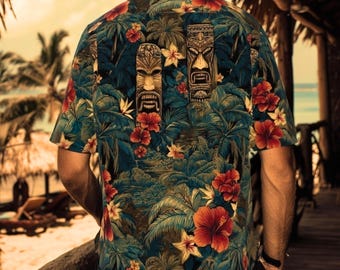 Camisa hawaiana Jungle Tiki para hombre: Camisa Aloha de algodón orgánico