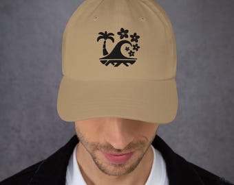 Gorra de papá Ino Cave™: logotipo tribal de palmeras y olas, cultura surfera bordada, ropa urbana isleña