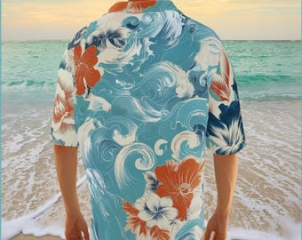 Camisa hawaiana con hibisco y olas – Arte floral turquesa / Algodón orgánico