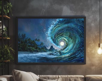 Lámina artística de olas polinesias bioluminiscentes: decoración de isla tropical