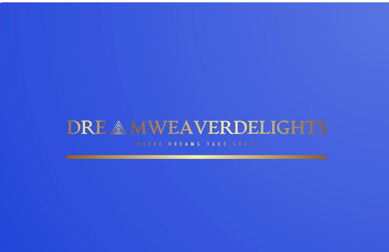 Puede incluir: Un fondo azul con un logotipo dorado que dice "DREAMWEAVERDELIGHTS" y el lema "WHERE DREAMS TAKE SHAPE".