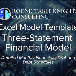 Puede incluir: Un logotipo azul y blanco para Round Table Knights Consulting con el texto "Excel Model Template Three-Statement Financial Model" y "Detailed Monthly Financials, D&A and Debt Schedules" sobre un fondo azul con un patrón digital.