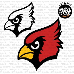 May include: A digital graphic featuring two cardinal bird heads in profile. One is a black and white outline, while the other is red, black, and yellow. A circular logo in the top right corner contains the text 789 Digital Art and SVG & PNG.