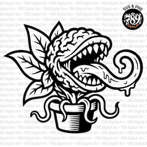 Puede incluir: Una ilustración gráfica en blanco y negro de una planta carnívora en una maceta. La planta presenta una cabeza similar a un cerebro con dientes afilados, una lengua larga que gotea y hojas puntiagudas. Un logo circular contiene el texto 789 Digital Art.