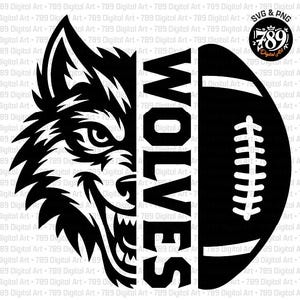 May include: A black and white graphic design featuring a split image. The left side shows a snarling wolf head, the center contains the vertical text WOLVES, and the right side depicts a football. A small circular logo with 789 Digital Art is visible.