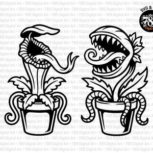 May include: Two black and white graphic illustrations of carnivorous plants in pots. Each plant features a wide, toothy mouth, a long tongue, and leafy stems. The design includes a circular logo in the top right corner with the text 789 Digital Art.