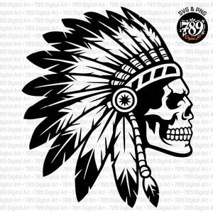 Skull Chief SVG, Indianerschädel-T-Shirt-Design, Sublimationsdruck für indigene Amerikaner, Federkopfschmuck, Schnittdateien für Stammeskrieger, Kultur der Ureinwohner