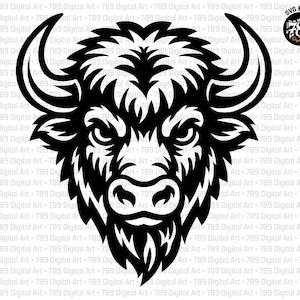 May include: A black and white graphic illustration of a bison head featuring sharp, stylized lines, prominent curved horns, and a thick, shaggy mane. The design includes a small circular logo in the top right corner with the text 789 Digital Art.