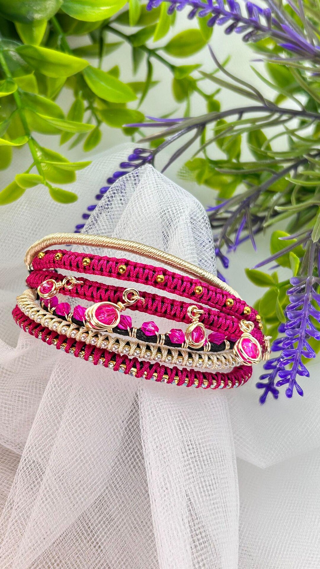 Fuchsia Bracelet With Golden Accents Multilayer Design and Unique ...