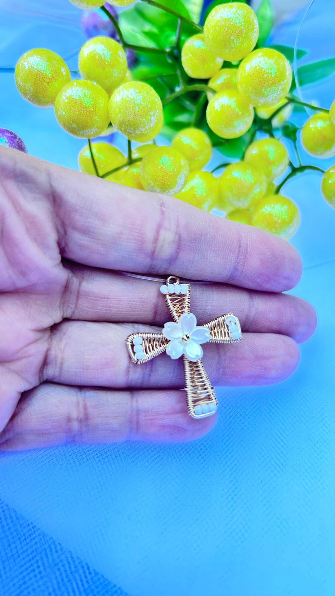 Handmade Wire Cross Pendant With Mother of Pearl Flower, Elegant Symbol ...