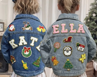 Chenille Carta Parche Jean Chaqueta, Niñas Personalizadas Niño Chenille Nombre Navidad Parche Chaqueta de Mezclilla, Niños Parche Chaqueta Navidad Tema Regalo