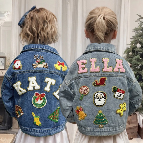 Chenille Letter Patch Jean Jacket, Custom Girls Toddler Chenille Name Christmas Patch Denim Jacket, Boys Patch Jacket Christmas Theme Gift