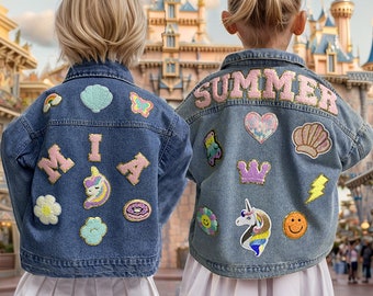 Chaqueta vaquera con parche de letras de chenilla, chaqueta vaquera con parche de nombre de chenilla para niñas pequeñas personalizadas, regalo de chaqueta con parche personalizado para niños