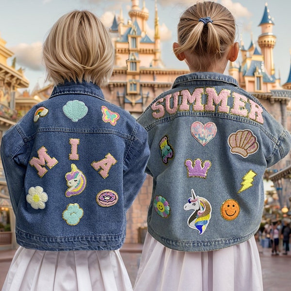 Chaqueta vaquera con parche de letras de chenilla, chaqueta vaquera con parche de nombre de chenilla para niñas pequeñas personalizadas, regalo de chaqueta con parche personalizado para niños