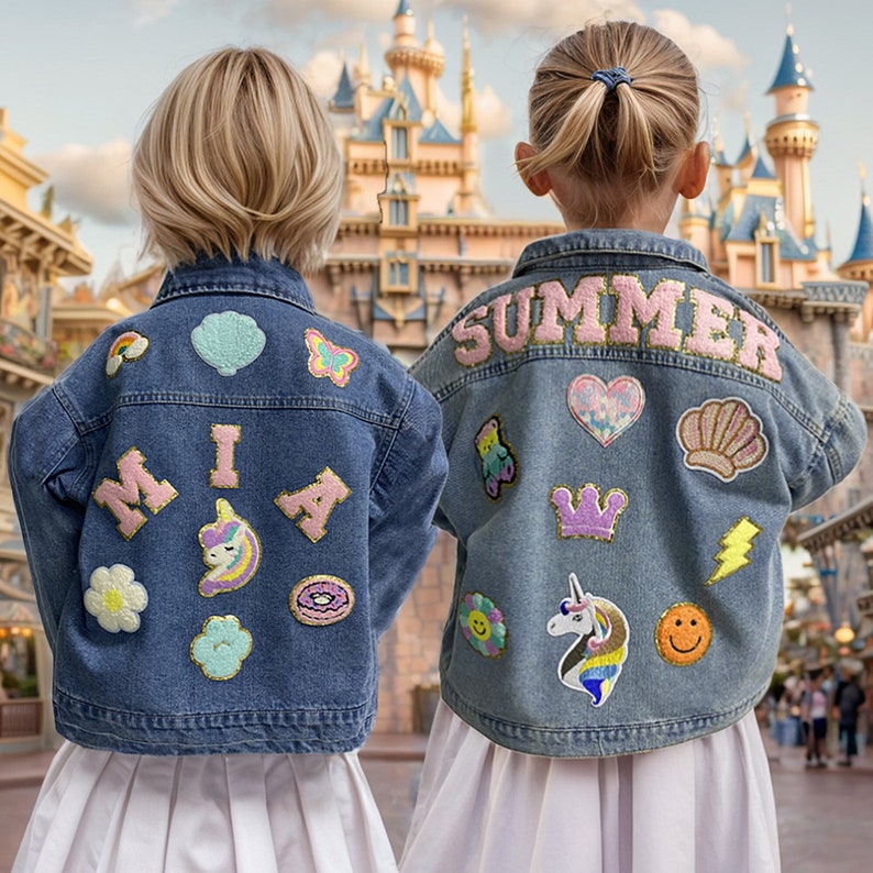 Chenille Lettre Patch Jean Veste, Custom Girls Toddler Chenille Name Patch Denim Jacket, Boys Custom Patch Jacket Gift image 1